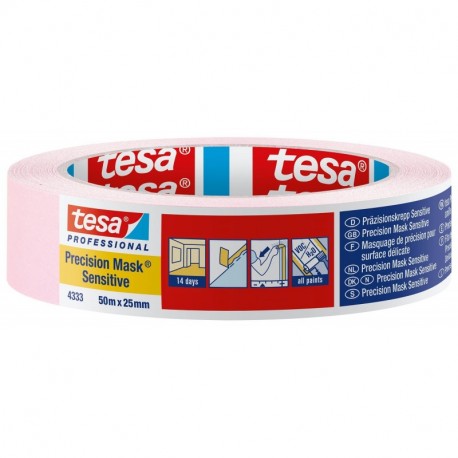 Tesa - Cinta de carrocero para superficies delicadas, Rosa suav, 50 m x 25 mm, para interiores 