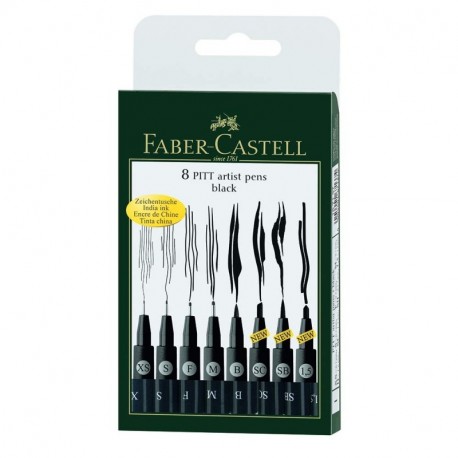 Faber-Castell 167137 - Pack de 8 rotuladores Pitt Artist Pens Black, diferentes grosores de puntas XS-1.5, color negro