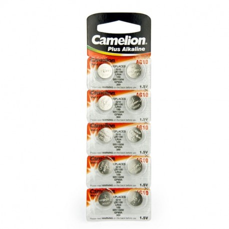 10 Camelion AG10 / LR54 / 189 / 389 / LR1130 Pack de 10 pilas alcalinas, largo duracion fecha de caducidad marcado 