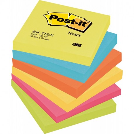 Post-it 654-TFEN - Notas autoadhesivas 76 x 76 mm, 6 blocs, 100 hojas por bloc , varios colores