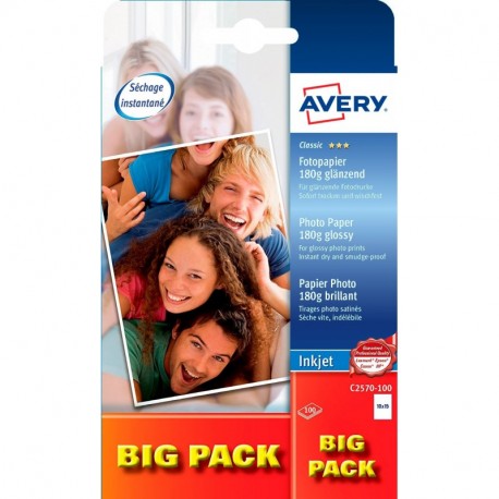 Avery Classic Inkjet, 10x15cm, 180g - Papel fotográfico 10x15cm, 180g, 180 g/m², Brillo, Color blanco, 30-75%, 15-30 °C, 15-