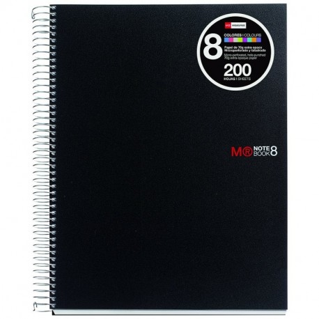 Miquelrius - Cuaderno A5, 200 hojas franjas de 8 colores , Rayado Horizontal 7 mm, tapa de polipropileno color negro