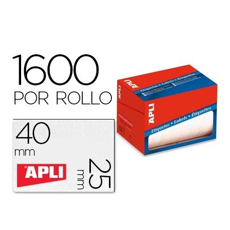 Rollo etiquetas Apli blancas 25 x 40 mm. 1600 uds. 