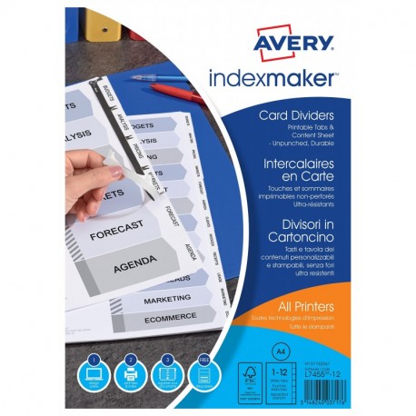 Avery España 01732061 - Separadores personalizables con etiquetas transparentes, 12 pestañas, 297 x 225 x 3 mm, color blanco