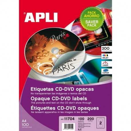 Apli - Paquete De 200 Etiquetas Cd/Dvd Clásicas Cobertura Total 117/18