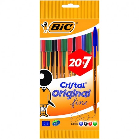 BIC Cristal Original Fine - Bolsa de 20+7 bolígrafos, colores azul, negro, rojo y verde