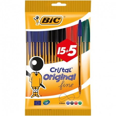 BIC Cristal Original Fine - Bolsa de 15+5 bolígrafos, colores azul, negro, rojo y verde