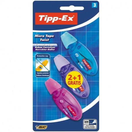 BIC Tipp-Ex Micro Tape Twist - Blíster de 3 cintas correctoras de 5 mm x 8 m, multicolor