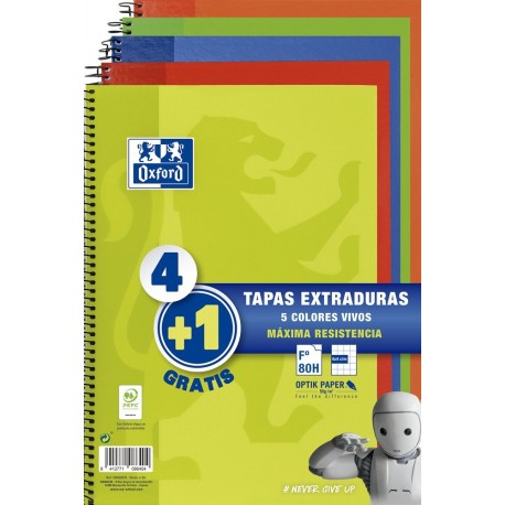 Oxford - Pack de 5 cuadernos tapa extradura, 80 hojas, cuadrícula 4x4 con margen Lima/Rojo/Naranja/Verde/Azul Marino