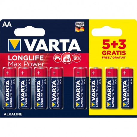 Varta 4706101428 Batería alcalina Long Life Max Power Max Tech , estilo AA LR6, paquete de 5 + 3 baterías: el diseño puede v