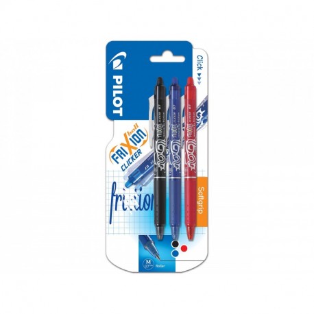 Pilot FriXion Clicker - Bolígrafo roller de gel de tinta borrable 3 unidades , color negro, rojo y azul