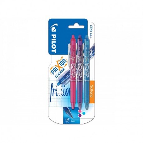 Pilot FriXion Clicker - Bolígrafo roller de gel de tinta borrable 3 unidades , color rosa, morado y azul