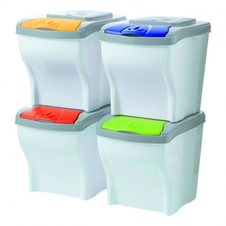 Cubo para basura triple con tapa y pedal de color blanco de 41,5 x 59,5 x  30 cm con capacidad de 40 litros. Pequeño contenedor e