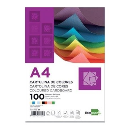 Liderpapel CT04 - Pack de 100 cartulinas, A4, 180 g, multicolor
