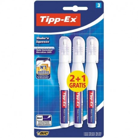 BIC Tipp-Ex Shake`n Squeeze - Pack de 2 + 1 bolígrafos correctores líquidos, 8 ml