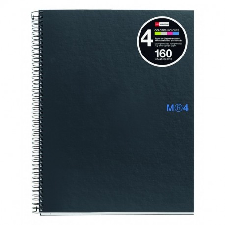Miquelrius - Cuaderno A4, 160 hojas franja de 4 colores , cuadrícula 5 mm, tapa de polipropileno negro