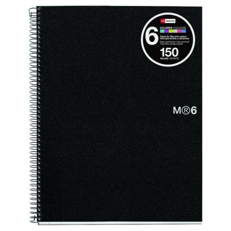 Miquelrius - Cuaderno A4, 150 hojas franja de 6 colores , cuadrícula 5 mm, tapa de polipropileno color negro