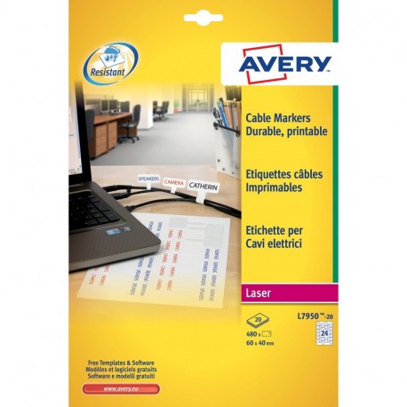 Avery España L7950-20Caja de480 etiquetas blanca de poliéster para cable 45x40mm