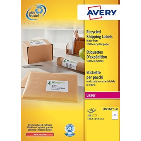 Avery España LR7168-100 - Pack de 100 folios de etiquetas recicladas, 199.6 x 143.5 mm, color blanco
