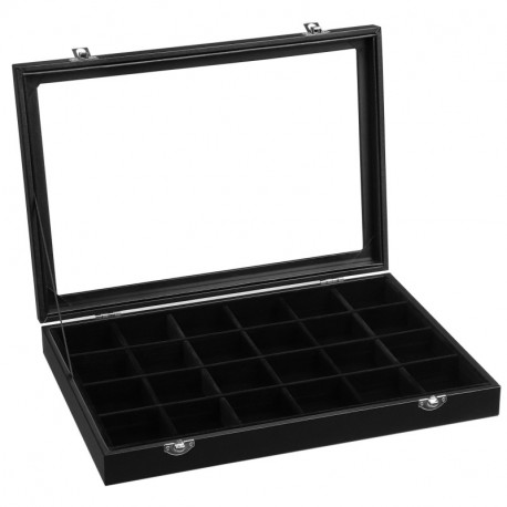 SONGMICS Caja Joyero, Bandejas para Joyas, con Tapa de Cristal y Candado, con 24 Compartimientos, Negro, JDS303