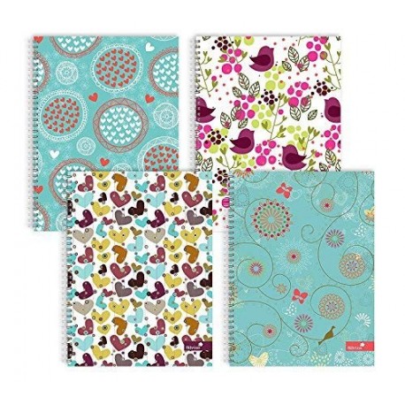 Pack de 4 cuadernos de espiral Silvine, tamaño A4. Varios diseños de corazones y flores