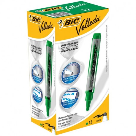 Bic Velleda - Rotulador de tinta líquida para pizarra blanca borrado en seco, caja de 12 unidades color verde