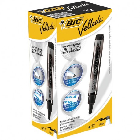 Bic Velleda - Rotulador de tinta líquida para pizarra blanca borrado en seco, caja de 12 unidades , color negro