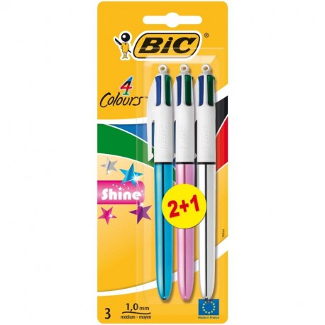 BIC 4-Color Shine - Pack de 2+1 bolígrafos con 4 colores de tinta, cuerpo efecto metalizado y punta media