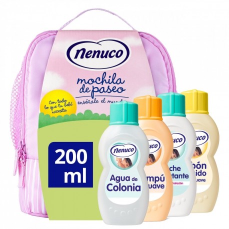 Nenuco Pack Regalo Bebé Mochila de Paseo Rosa 4 x 200ml con Colonia, Jabón, Champú y Leche Hidratante