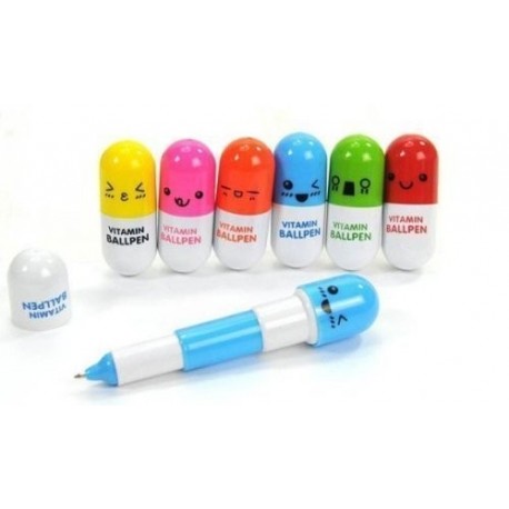 24 bolígrafos en forma de píldoras de vitaminas, tapa con cara sonriente