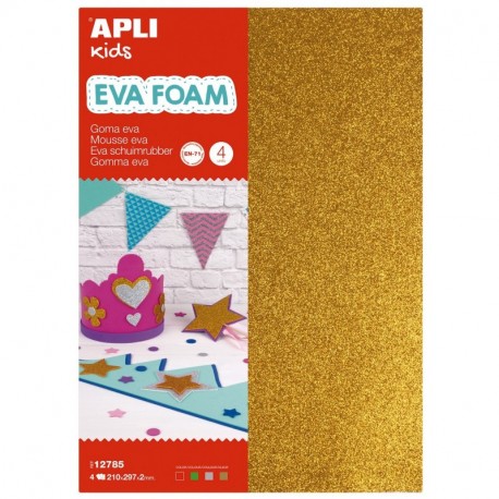 APLI Kids - Bolsa goma EVA purpurina, colores plata, oro, rojo y verde, A4 4 hojas