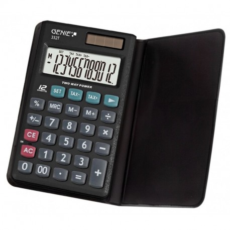 Genie 332T - Calculadora de bolsillo con tapa, pantalla de 12 dígitos, diseño clásico , color negro