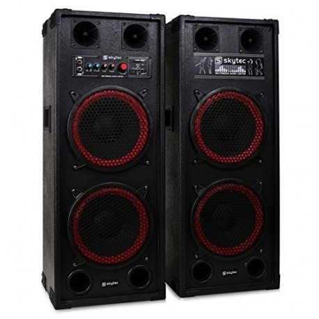 Skytec SPB-210 Sonido profesional Pareja de Altavoces autoamplificados DJ 25cm 10" 1200W aux USB, SD CD, MP3 Asas y ruedas 