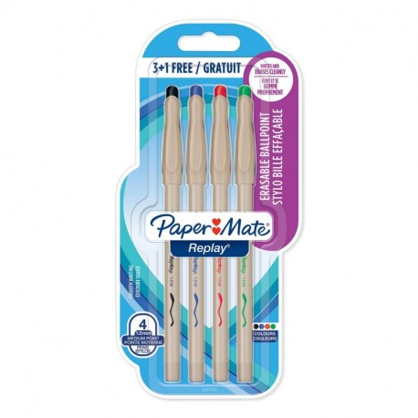 Paper Mate S0935580 - Lote de 4 bolígrafos punta retráctil, con goma , varios colores