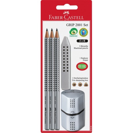 Faber-Castell 580096 - Blister de 3 lápices Grip B, goma y afilalápices