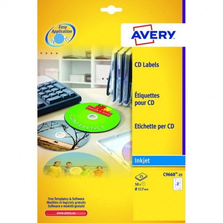 Avery España C9660-25 - Pack de 25 folios de etiquetas brillantes para CD, diámetro 117 mm, color blanco