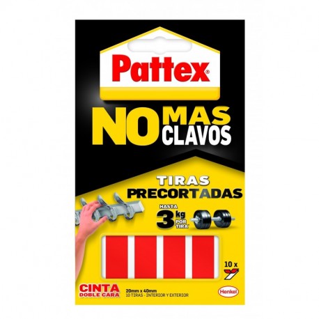 Pattex Cinta de doble cara a tiras No más clavos, fijación permanente, 10 tiras