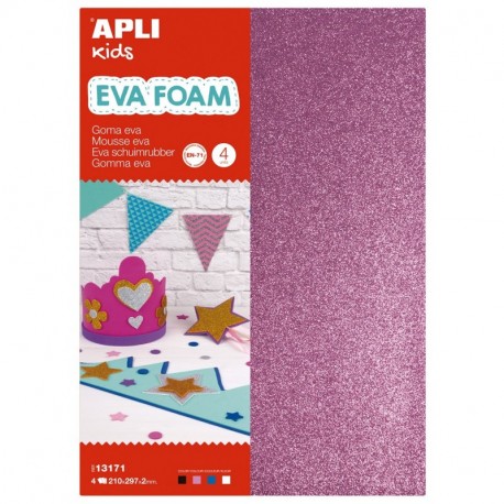 APLI Kids - Bolsa goma EVA purpurina, colores blanco, negro, rosa y azul, A4 4 hojas