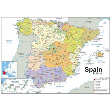 España mapa político laminado de papel, color, A1 Tamaño, 59,4 x 84,1 cm