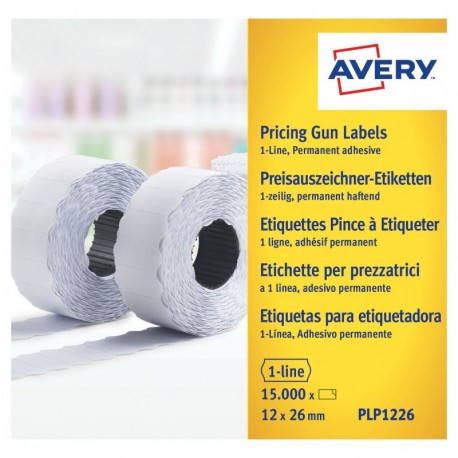 Avery PLP1226 - Rollo de etiquetas 1 línea de adhesivo permanente, 12 x 26 mm, 10 rollos/15000 unidades , color blanco