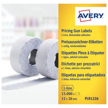 Avery PLR1226 - Rollo de etiquetas removible 1 línea de adhesivo permanente, 12 x 26 mm, 10 rollos/15000 unidades , blanco