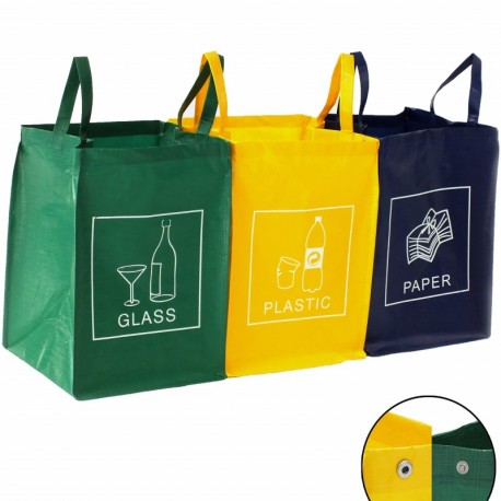 TRESKO Set de 3 bolsas para reciclar basura | Sistema de reciclaje para vidrio, plástico y papel
