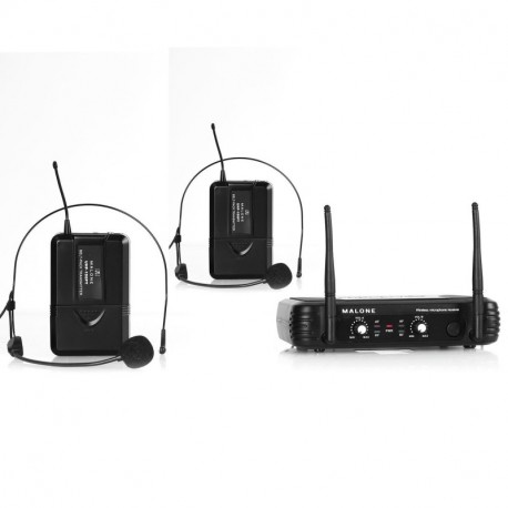 Malone UHF-250 Duo2 juego de micrófonos inalámbricos UHF, 2 canales, clip para el cinturón, batería de larga duración, energ
