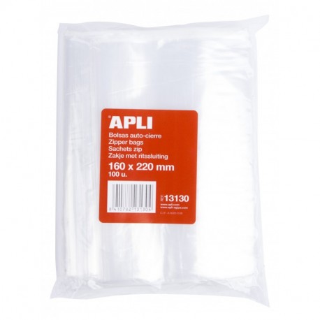 APLI 13130 - Pack de 100 bolsas de plástico con autocierre, 160 x 220 mm