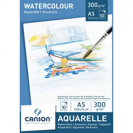 Canson 200005788 - Bloc de papel Watercolor para Acuarela, Blanco, A5, 14.8 x 21 cm, 300 gsm , 10 hojas