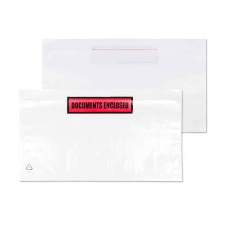 Purely Packaging - Sobres portadocumentos adhesivos 100 unidades, plástico, DL, 235 x 132 mm , diseño con texto"Documents En