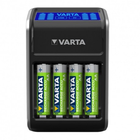 Varta LCD Plug Charger - Cargador de pilas NiMH AA, AAA y 9 V, 4 pilas AA 2100 mAh incluídas 