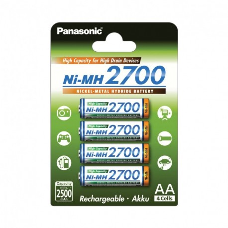 Panasonic BK-3HGAE/4BE - Pilas AA NI-MH 2700 recargables de gran capacidad 2.700 mAh, 4 unidades 