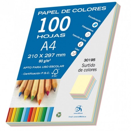 Dohe Pack de 100 Papeles A4, 80 g, Pastel, Color Surtido 30195 