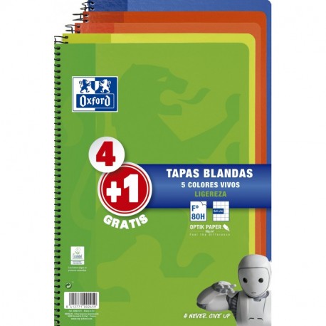 Oxford - Pack de 5 cuadernos tapa blanda, 80 hojas, cuadrícula 4x4 con margen, colores surtidos vivos 